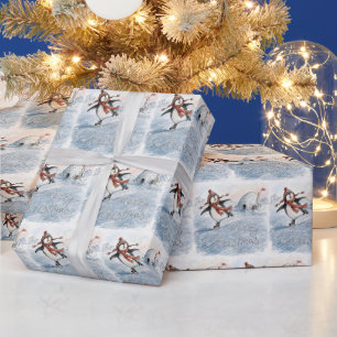Fröhliche Weihnachten Pinguin auf Schlittschuhen Geschenkpapier