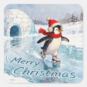 Fröhliche Weihnachten Pinguin Eislaufen Quadratischer Aufkleber