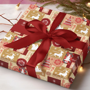 Fröhliche Weihnachten Rot Gold Santa Tartan Patchw Geschenkpapier