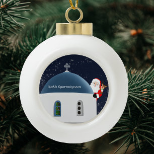 Fröhliche Weihnachten , Santa & Rudolph in Grieche Keramik Kugel-Ornament