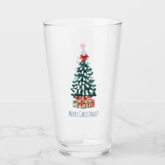 Fröhliche Weihnachten Schnee bedeckter Kiefernbaum Glas (Vorderseite)