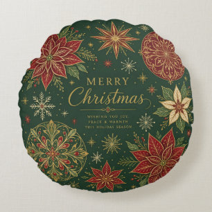 Fröhliche Weihnachten Verzierte Poinsettie-Mandala Rundes Kissen