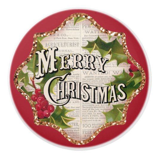 Fröhliche Weihnachten Vintage Weihnachtsdekoration Keramikknauf (Vorderseite)