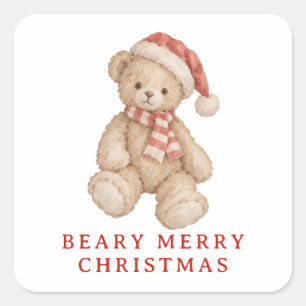 Fröhliche Weihnachten Wasserfarbe Teddybär Quadratischer Aufkleber