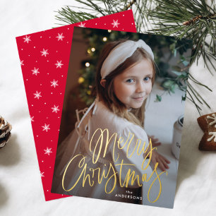 Fröhliche Weihnachten Whimsical Gold Schrift Foto Folien Feiertagskarte