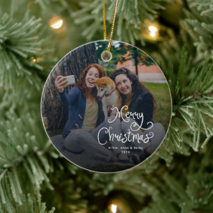 Fröhliche Weihnachten Whimsical Schrift Familienfo Keramik Ornament
