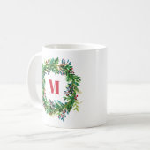 Fröhliche Weihnachts-Grußkranz-Monogramm-Initiale Kaffeetasse (Vorderseite Links)