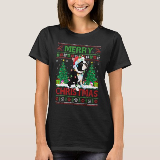 Fröhliche Weihnachts-Lighting Ugly Boston Terrier T-Shirt (Vorderseite)