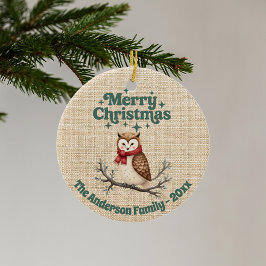Fröhliche Weihnachtsbeige niedliche Eule grün Keramik Ornament