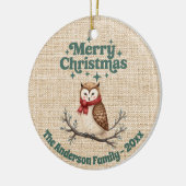 Fröhliche Weihnachtsbeige niedliche Eule grün Keramik Ornament (Links)