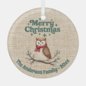 Fröhliche Weihnachtsbeige niedliche Eule grün Ornament Aus Glas (Vorderseite)