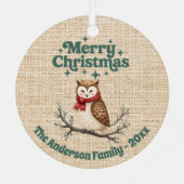 Fröhliche Weihnachtsbeige niedliche Eule grün Ornament Aus Metall (Rückseite)