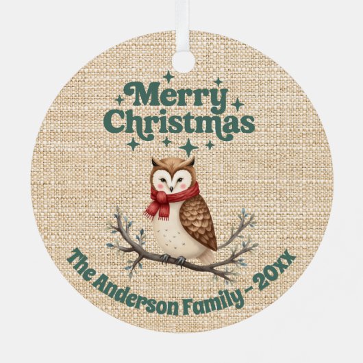 Fröhliche Weihnachtsbeige niedliche Eule grün Ornament Aus Metall (Rückseite)