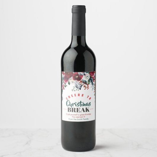 Fröhliche Weihnachtsfeier mit Aquarellfarben-Blume Weinetikett (Vorderseite)