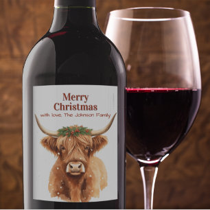 Fröhliche Weihnachtsgrünanlage Highland Miniaturku Weinetikett