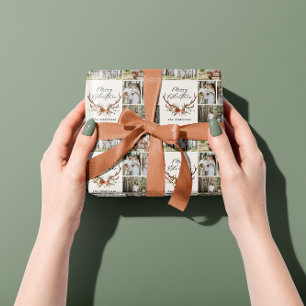 fröhliche Weihnachtsschrift rustikales Antler Foto Geschenkpapier