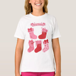 Fröhliche Weihnachtsstrümpfe Rosa Schleife Kirsche T-Shirt