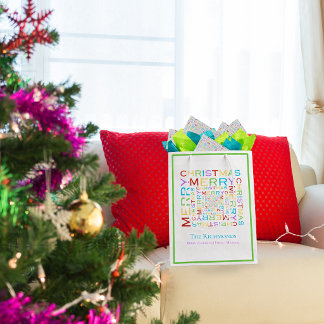 Fröhliche Weihnachtstypografie in hellen und bunte Mittlere Geschenktüte