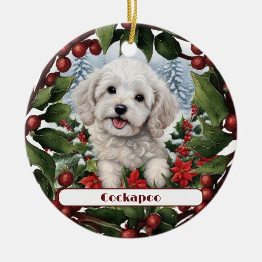 Fröhliche White Cockapoo Puppy Custom Weihnachten Keramik Ornament (Vorne)