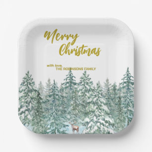 Fröhliche xmas Bäume Wald Moderne Goldschrift Urla Pappteller
