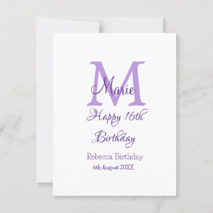 Fröhlicher 16. Geburtstag lila Name Monogramm mode Postkarte