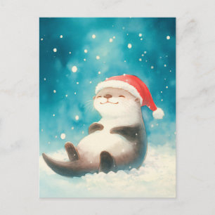 Fröhlicher Aquarell-Otter-Weihnachtsmannhut Postkarte