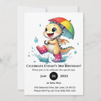 Fröhlicher Baby Dragon im Regen zum Geburtstag Einladung