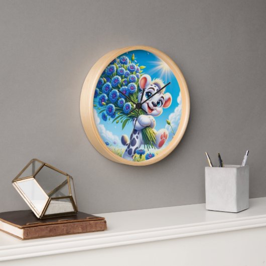 Fröhlicher Bär mit blauen Blumen Uhr (Büro)