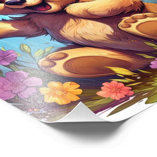 Fröhlicher Bär mit Schmetterling und Blume Fotodruck (Ecke)