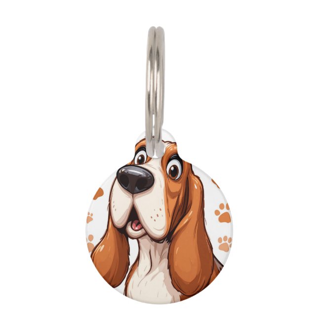 Fröhlicher Basset Hund mit Orange Pawprints Haustiermarke (Vorderseite)
