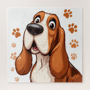 Fröhlicher Basset Hund mit Orange Pawprints Puzzle