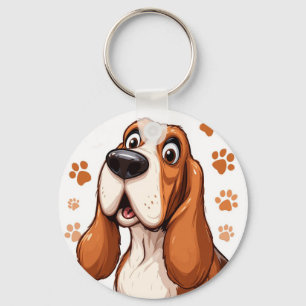 Fröhlicher Basset Hund mit Orange Pawprints Schlüsselanhänger