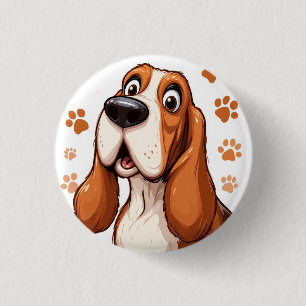 Fröhlicher Basset-Hund mit orangen Pfotenabdrücken Button