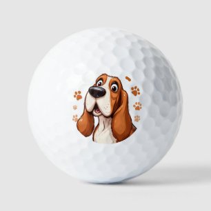 Fröhlicher Basset-Hund mit orangen Pfotenabdrücken Golfball