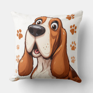 Fröhlicher Basset-Hund mit orangen Pfotenabdrücken Kissen