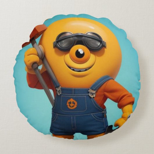 Fröhlicher Baumeister – Gelber Held mit Hammer   Rundes Kissen (Vorderseite)