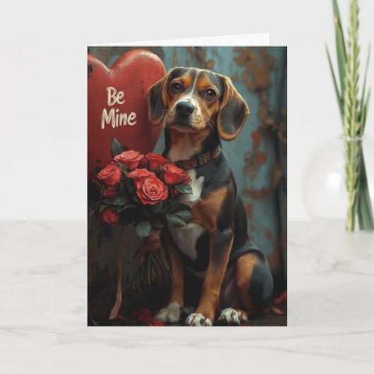 Fröhlicher Beagle Valentinstag mit Rose Herz Karte (Vorderseite)