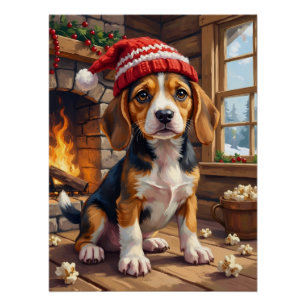 Fröhlicher Beagle-Welpe in Strickmütze kuschelig Poster