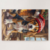 Fröhlicher Beagle-Welpe in Strickmütze kuschelig Puzzle (Horizontal)