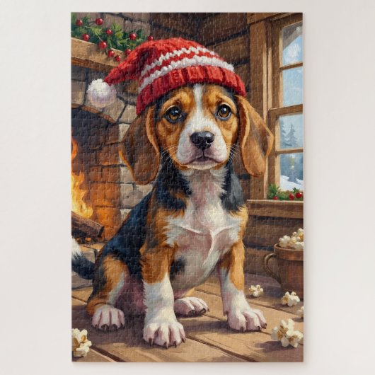 Fröhlicher Beagle-Welpe in Strickmütze kuschelig Puzzle (Vertikal)