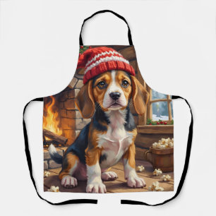 Fröhlicher Beagle-Welpe in Strickmütze kuschelig Schürze