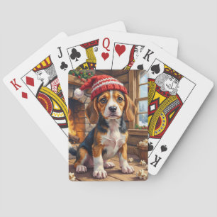 Fröhlicher Beagle-Welpe in Strickmütze kuschelig Spielkarten