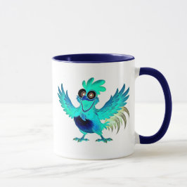 Fröhlicher blauer Cartoon-Hahn mit ausgebreiteten Tasse