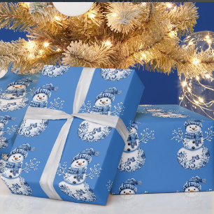 Fröhlicher blauer weißer glücklicher Schneemann Geschenkpapier