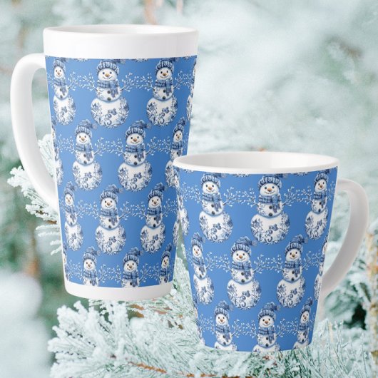 Fröhlicher blauer weißer glücklicher Schneemann  Milchtasse