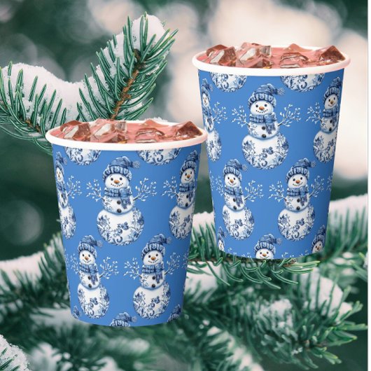 Fröhlicher blauer weißer glücklicher Schneemann Pappbecher