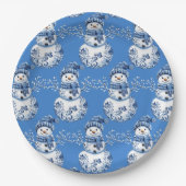 Fröhlicher blauer weißer glücklicher Schneemann Pappteller (Vorderseite)