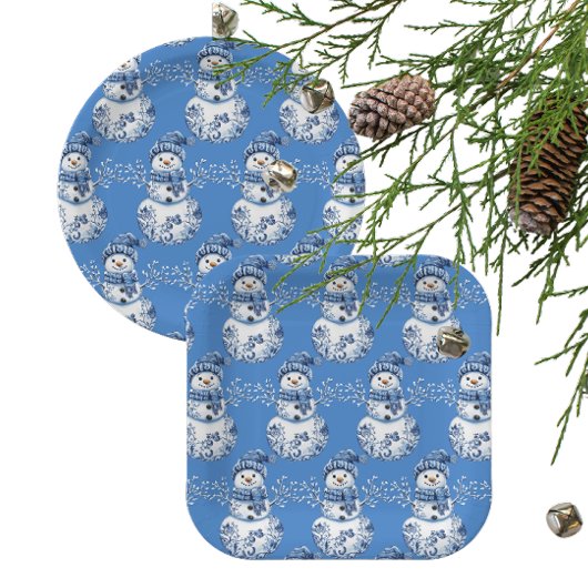 Fröhlicher blauer weißer glücklicher Schneemann Pappteller