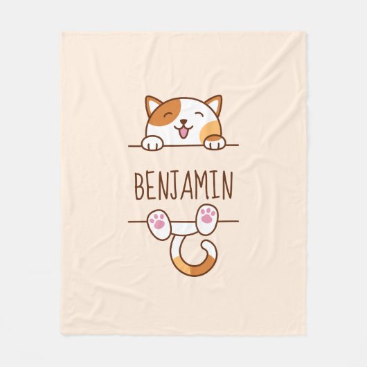 Fröhlicher Calico Cat Peeking Individuelle Name Be Fleecedecke (Vorderseite)