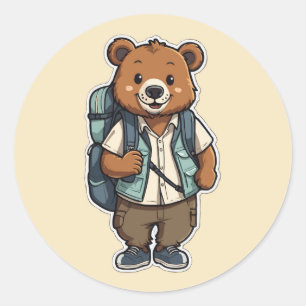 Fröhlicher Cartoon-Bär mit Rucksack Runder Aufkleber